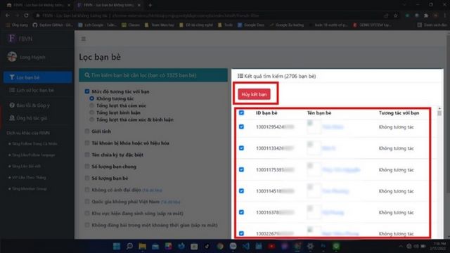 Chọn tài khoản Facebook cần lọc bạn bè