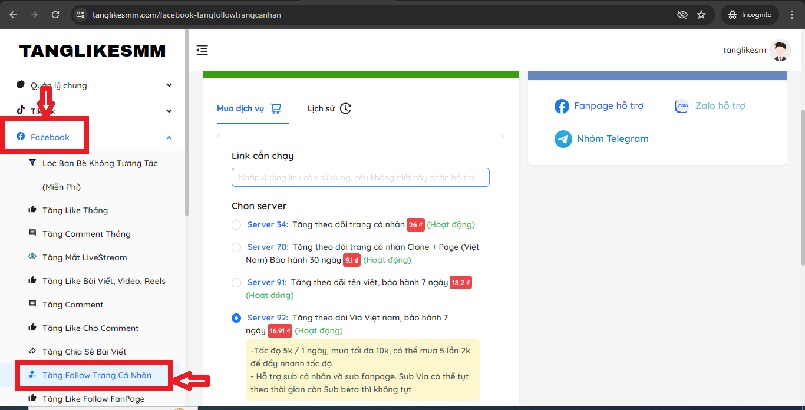 Bấm chọn dịch vụ follow trang cá nhân