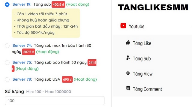 Bảng giá tăng sub Youtube.