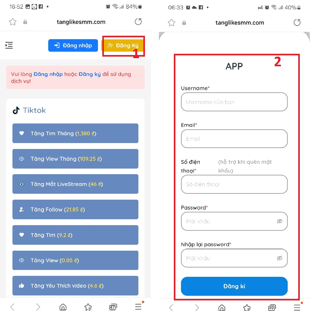 Truy cập và đăng ký tài khoản vào web tanglikesmm.com