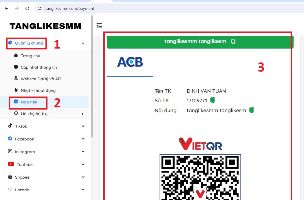 Nạp tiền vào tài khoản tanglikesmm.com