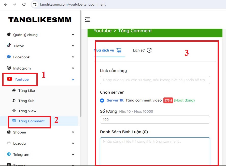 Tạo đơn mua Tăng comment youtube trên tanglikesmm.com