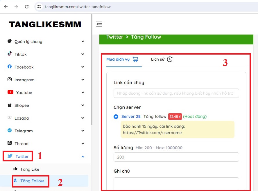 Tạo đơn mua Tăng Follow Twitter