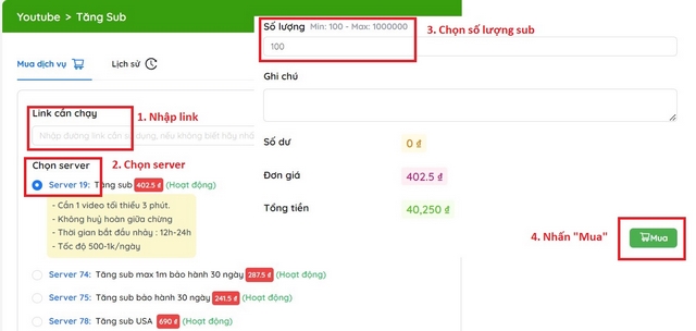 Chi tiết thao tác sử dụng dịch vụ.