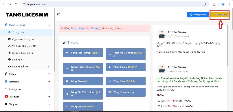 Chọn ô Đăng ký để tạo tài khoản