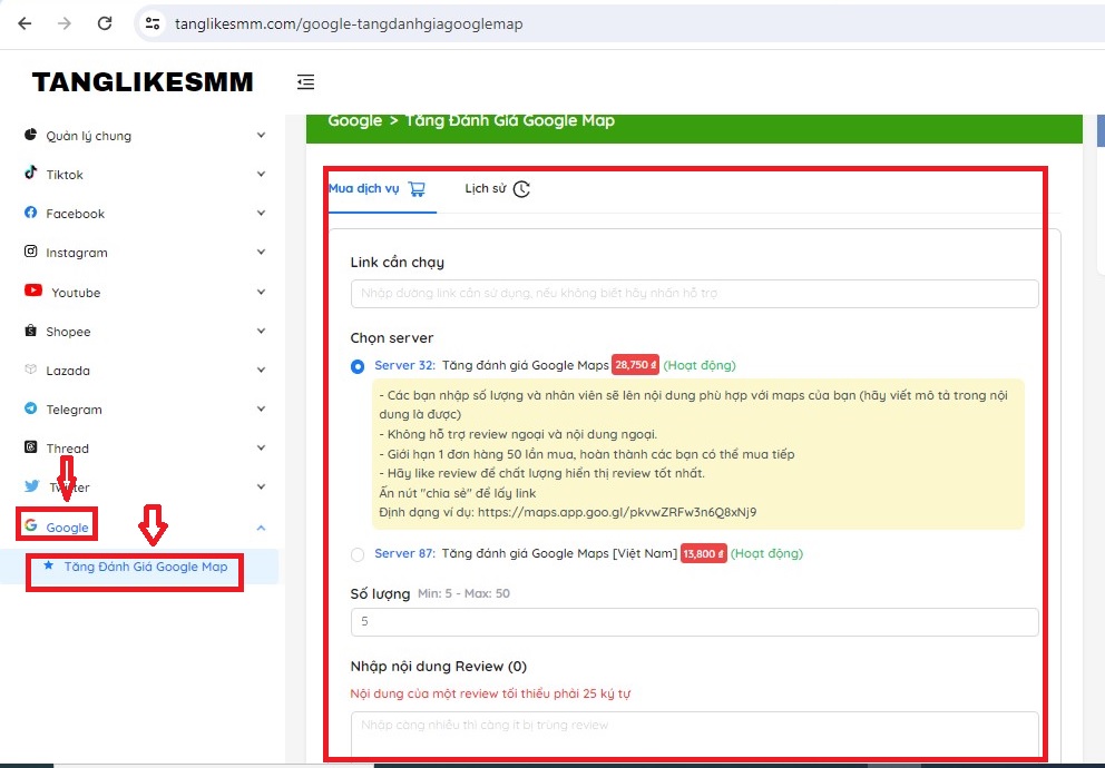 Hướng dẫn cách sử dụng tăng review google map của tanglikesmm.com